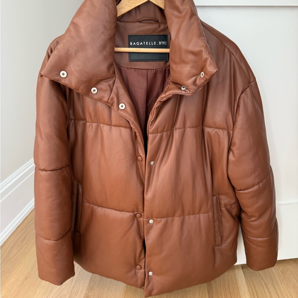 Bagatelle Brown Leather Puffer Jacket with Quilted Design